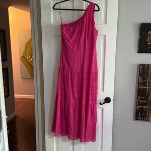 Bright pink eyelet one shoulder midi dress